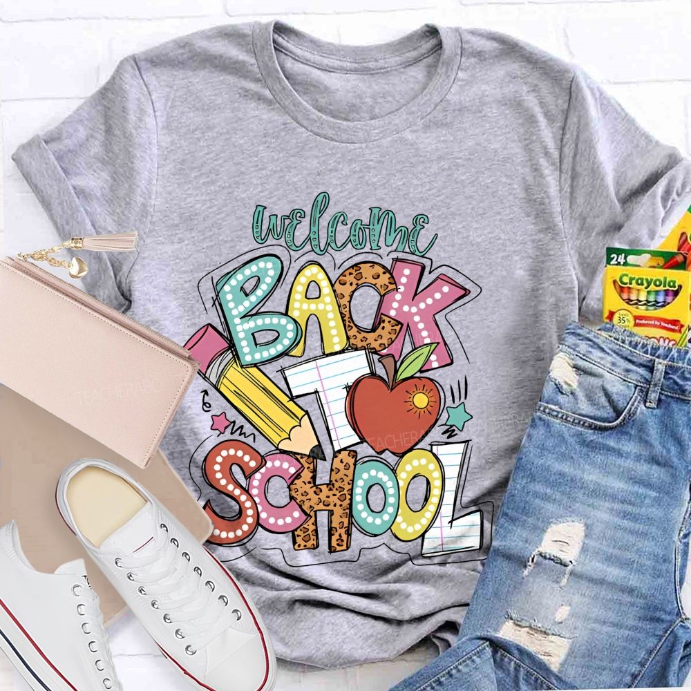 Welcome Back To School Pencil Leopard Print Letters Graphic  Teacher T-shirt