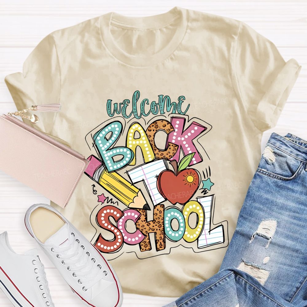 Welcome Back To School Pencil Leopard Print Letters Graphic  Teacher T-shirt