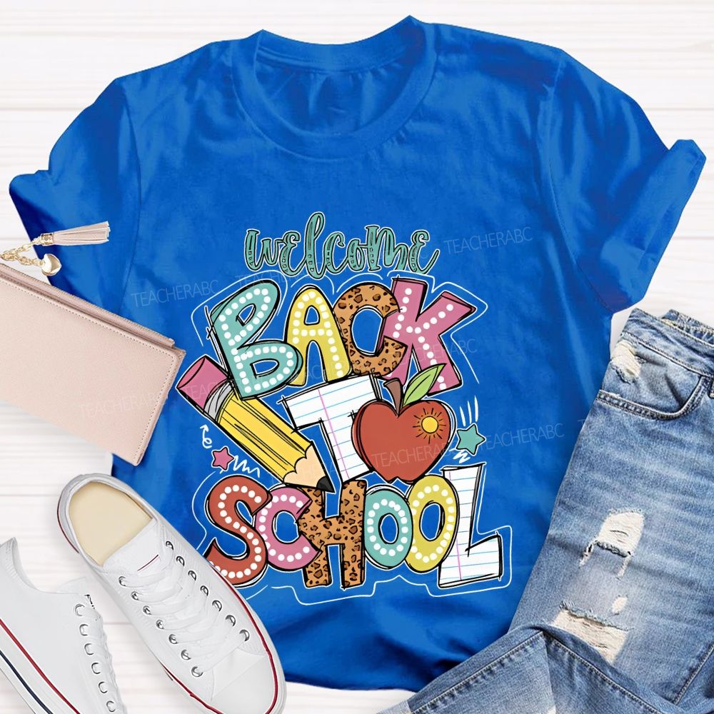 Welcome Back To School Pencil Leopard Print Letters Graphic  Teacher T-shirt