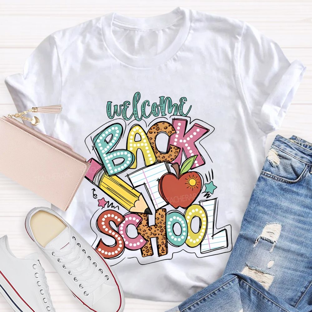 Welcome Back To School Pencil Leopard Print Letters Graphic  Teacher T-shirt