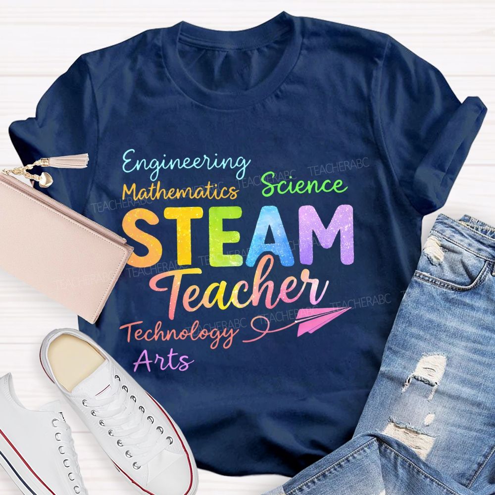 Steam Teacher Science Technology Engineering  Arts Mathematics  Colorful Letters  Teacher T-shirt