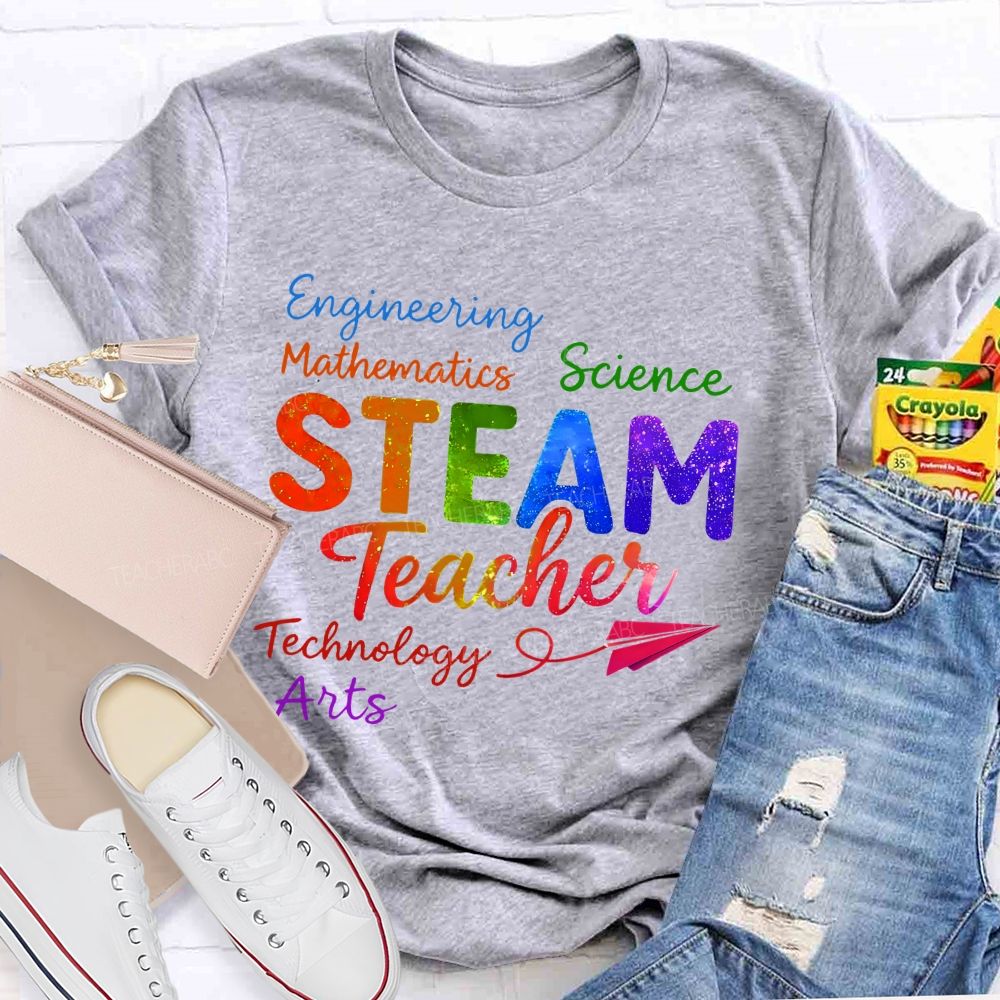 Steam Teacher Science Technology Engineering  Arts Mathematics  Colorful Letters  Teacher T-shirt