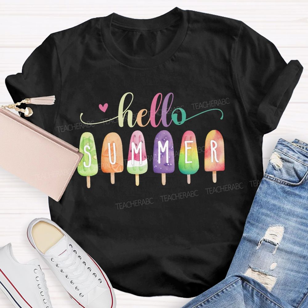 Hello Summer Color Gradient Font Summer Break Teacher T-shirt