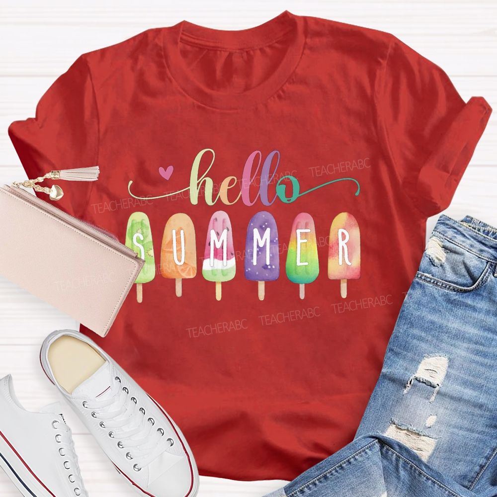 Hello Summer Color Gradient Font Summer Break Teacher T-shirt
