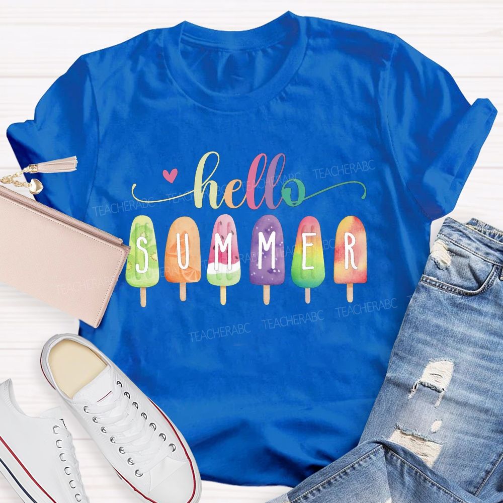Hello Summer Color Gradient Font Summer Break Teacher T-shirt