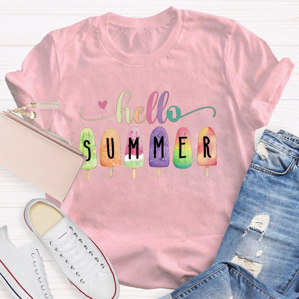 Hello Summer Color Gradient Font Summer Break Teacher T-shirt