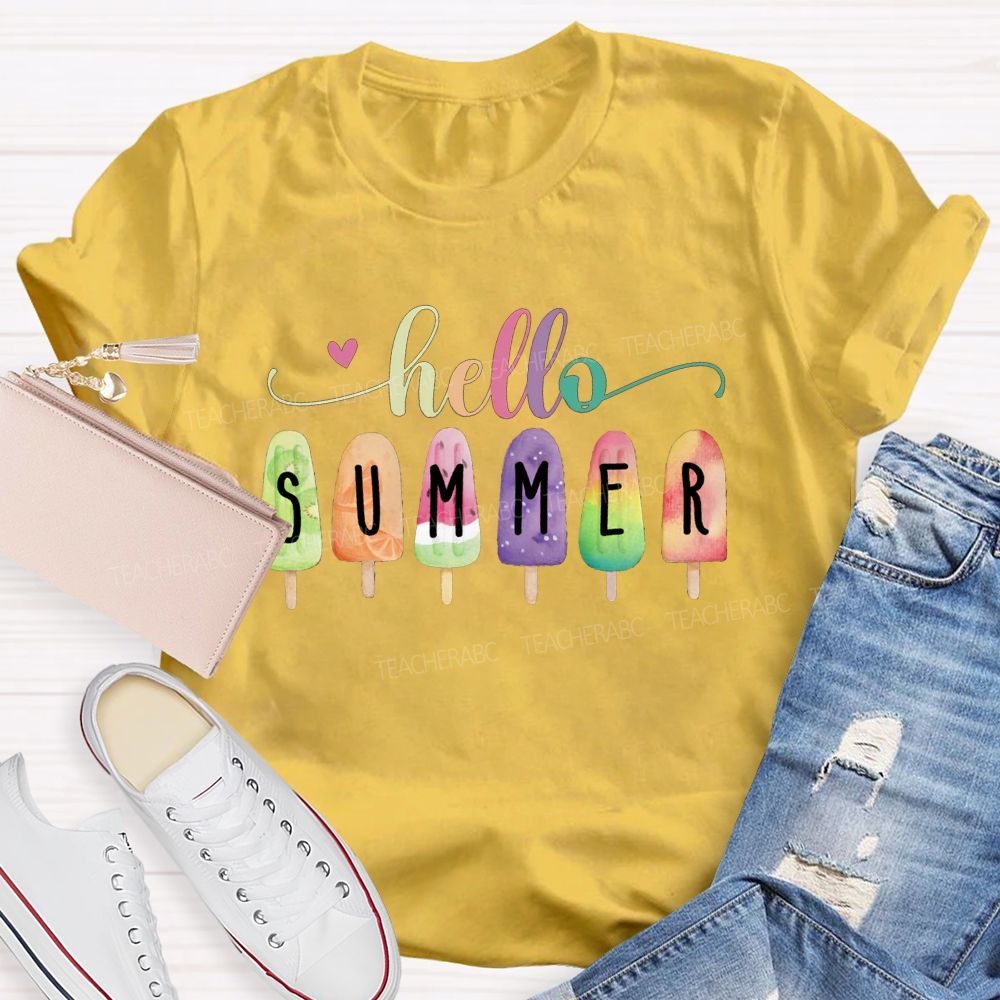 Hello Summer Color Gradient Font Summer Break Teacher T-shirt