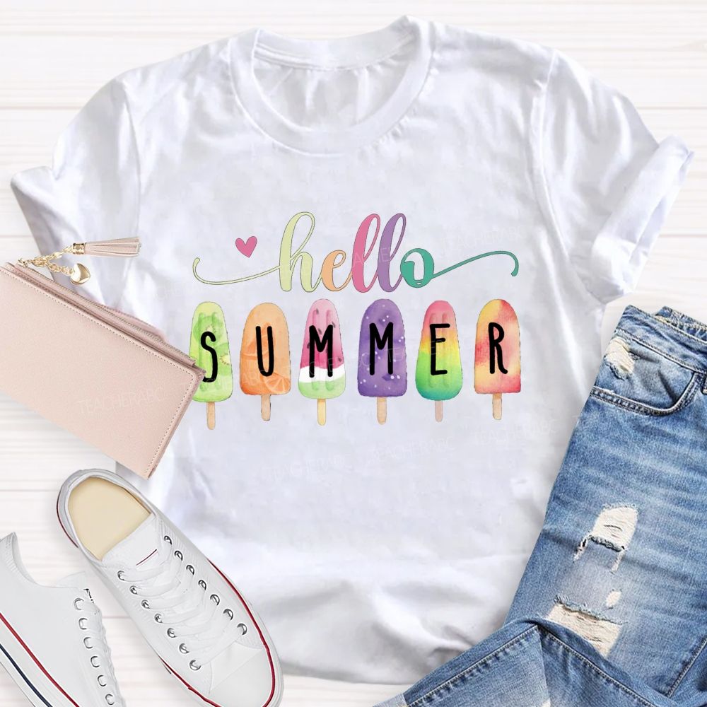 Hello Summer Color Gradient Font Summer Break Teacher T-shirt