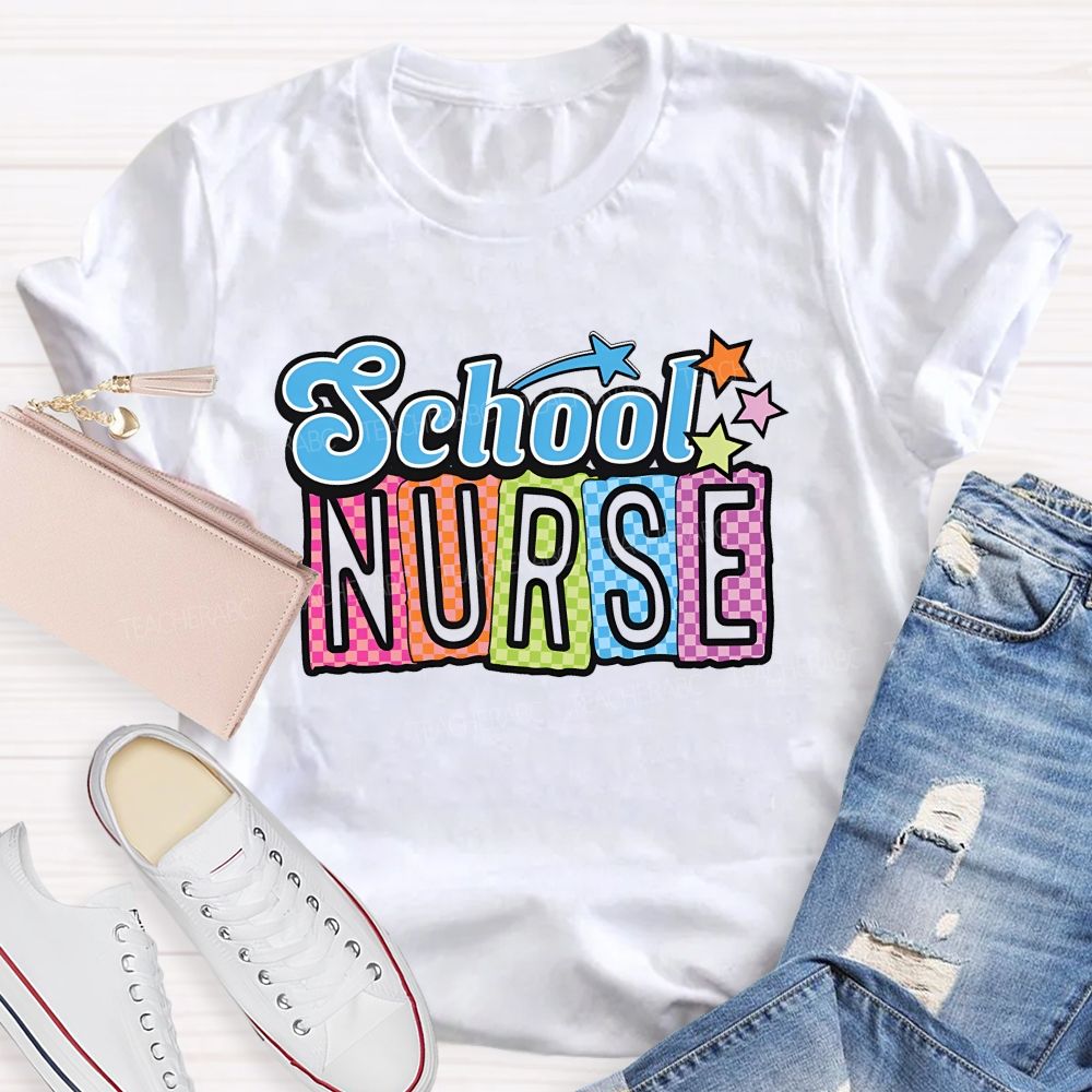 School Nurse Colorful Letters Graphics  Teacher T-shirt