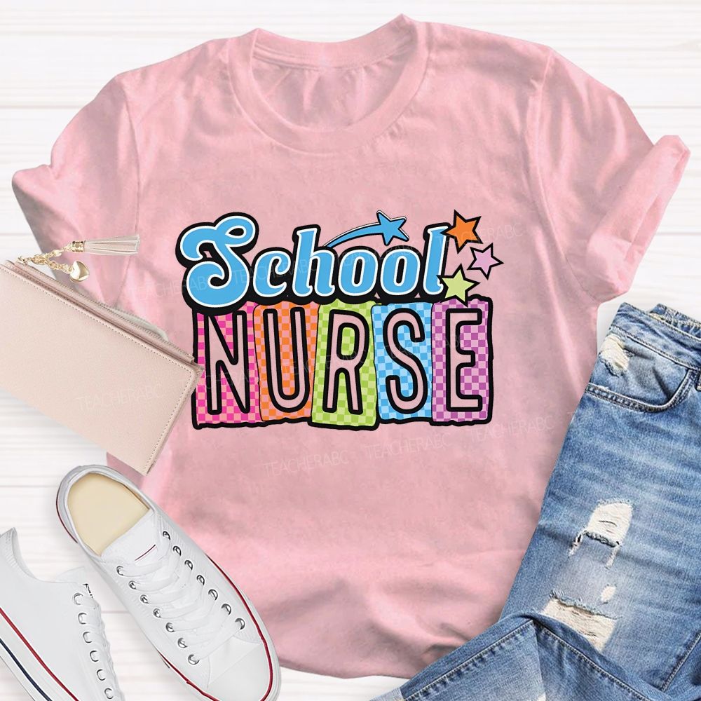 School Nurse Colorful Letters Graphics  Teacher T-shirt