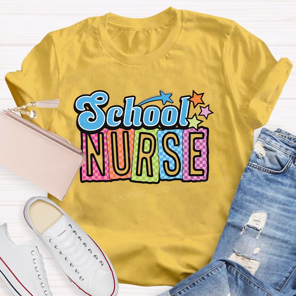 School Nurse Colorful Letters Graphics  Teacher T-shirt