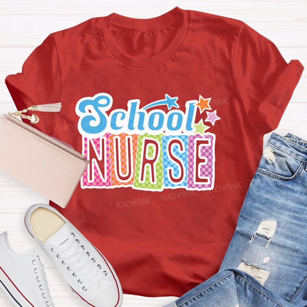 School Nurse Colorful Letters Graphics  Teacher T-shirt