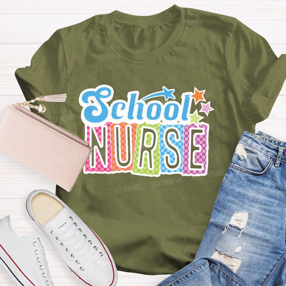 School Nurse Colorful Letters Graphics  Teacher T-shirt