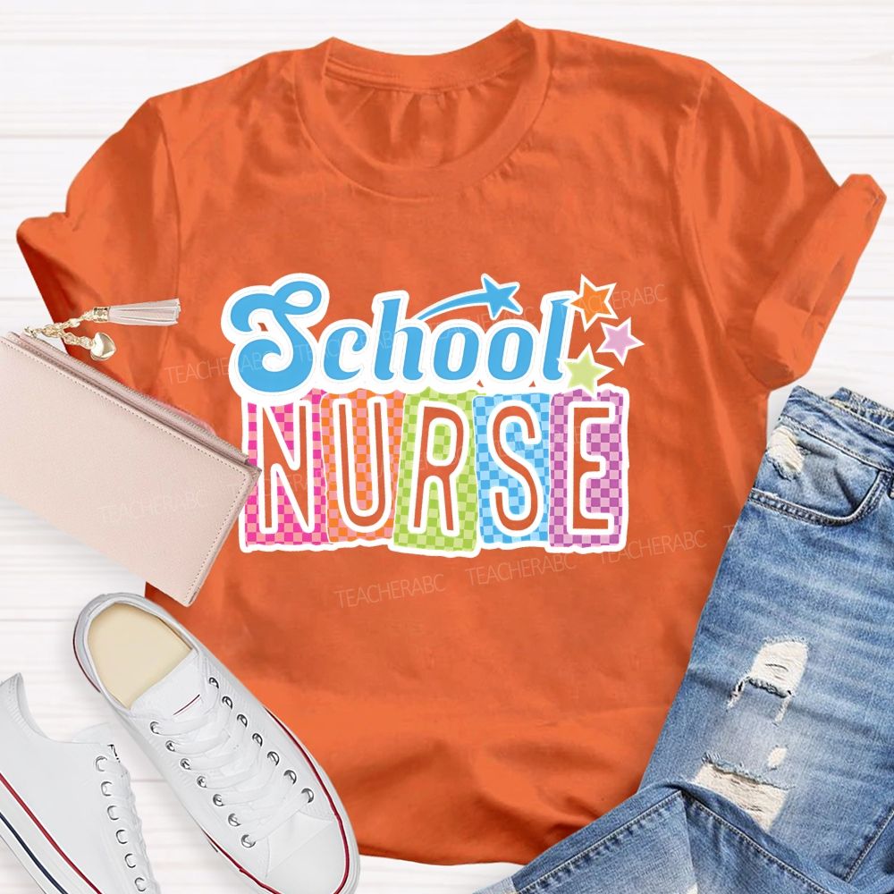 School Nurse Colorful Letters Graphics  Teacher T-shirt