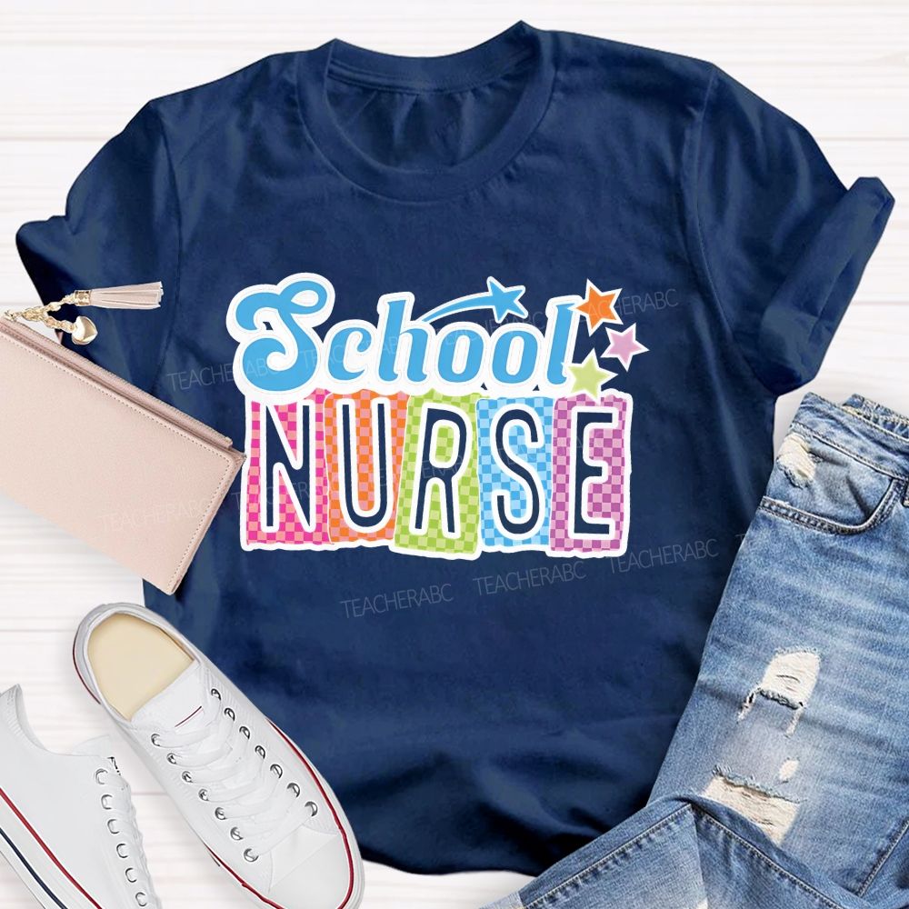 School Nurse Colorful Letters Graphics  Teacher T-shirt