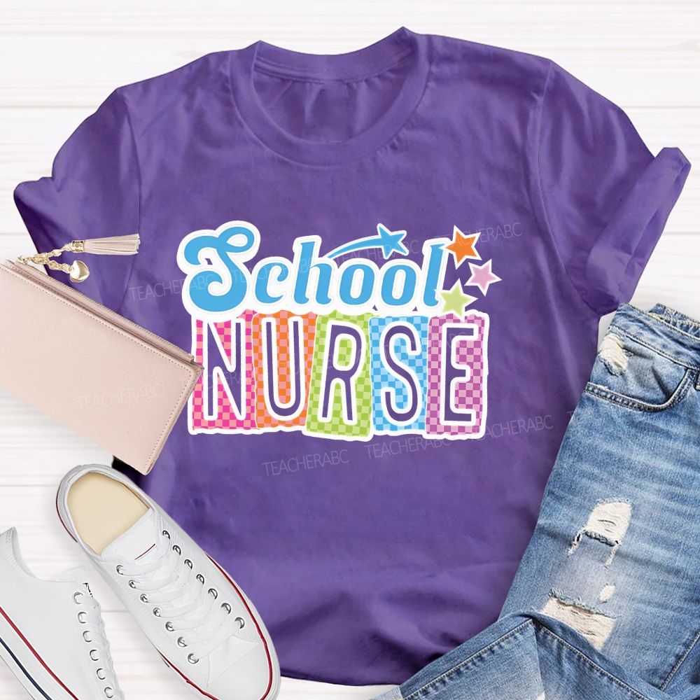 School Nurse Colorful Letters Graphics  Teacher T-shirt