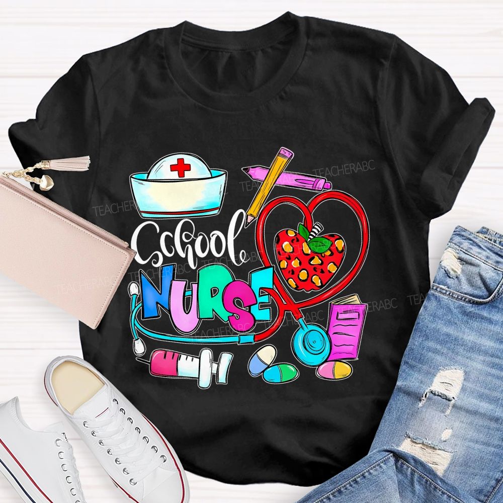School Nurse Apple Graphics  Teacher T-shirt