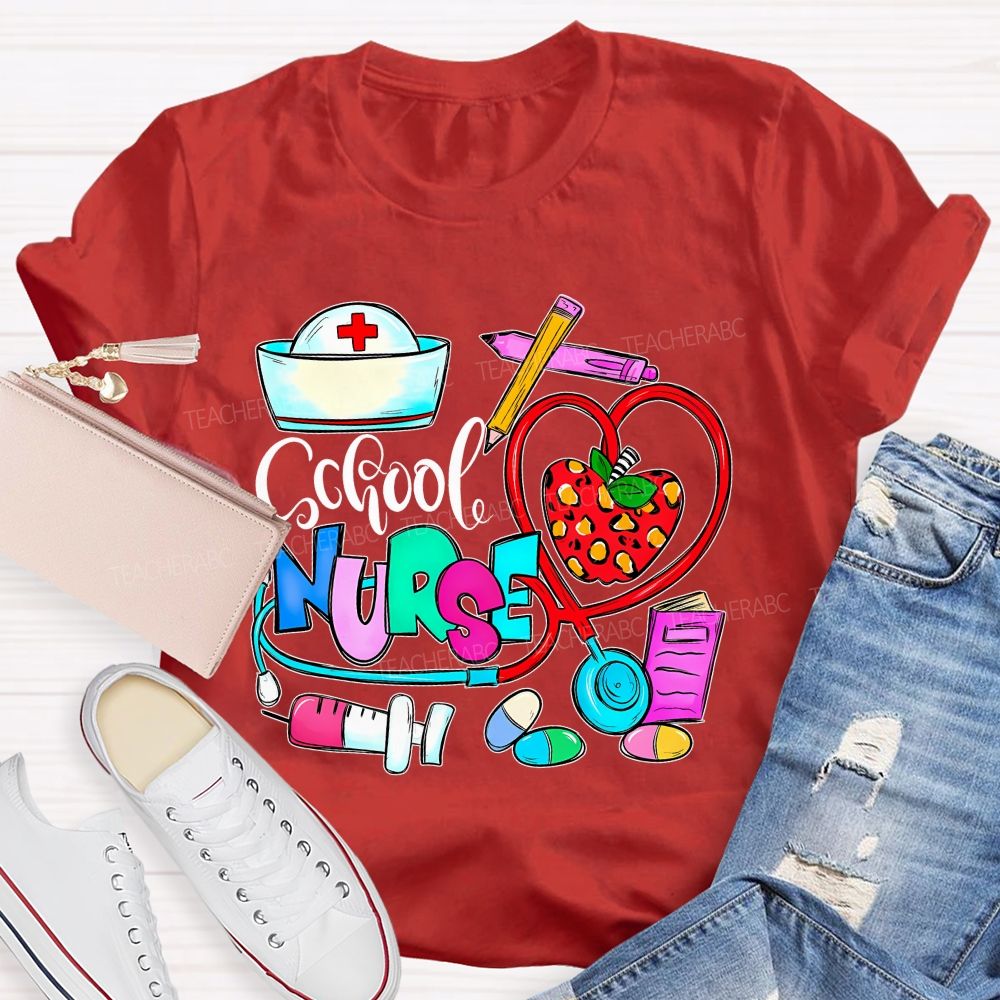 School Nurse Apple Graphics  Teacher T-shirt