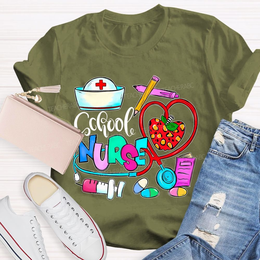 School Nurse Apple Graphics  Teacher T-shirt
