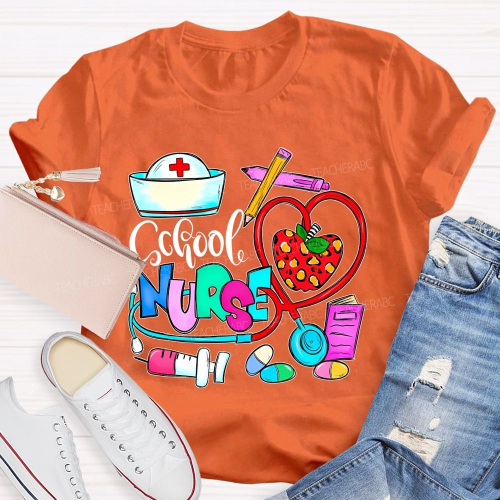 School Nurse Apple Graphics  Teacher T-shirt