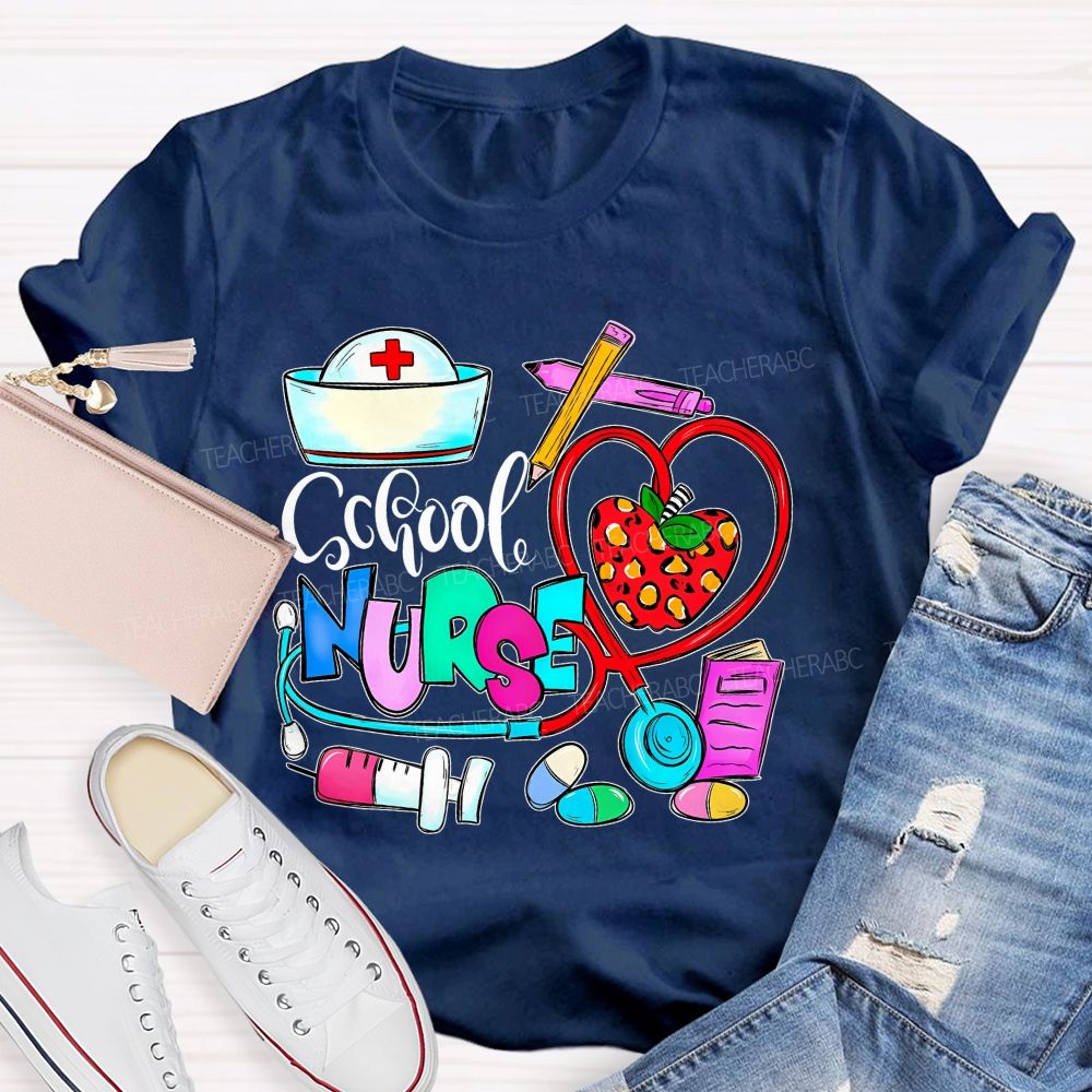 School Nurse Apple Graphics  Teacher T-shirt