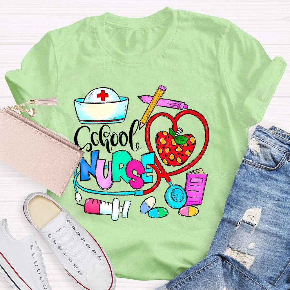 School Nurse Apple Graphics  Teacher T-shirt