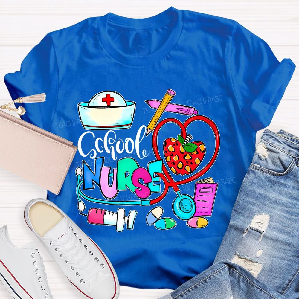 School Nurse Apple Graphics  Teacher T-shirt