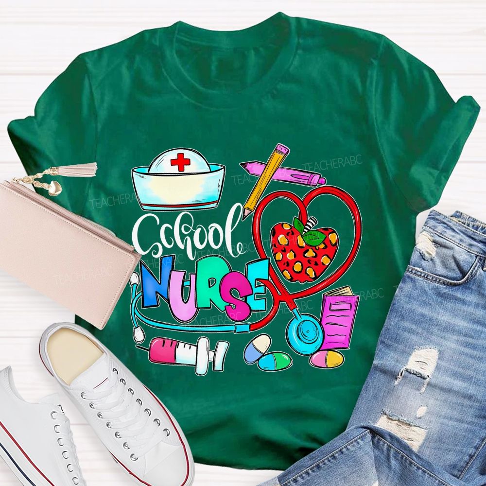 School Nurse Apple Graphics  Teacher T-shirt