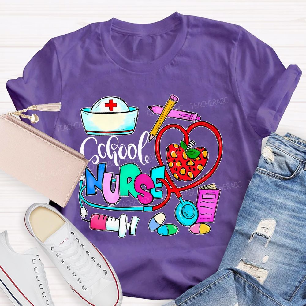 School Nurse Apple Graphics  Teacher T-shirt