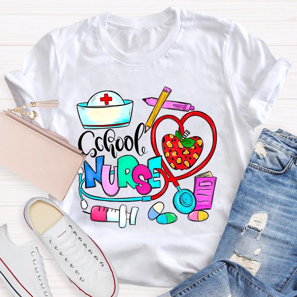 School Nurse Apple Graphics  Teacher T-shirt