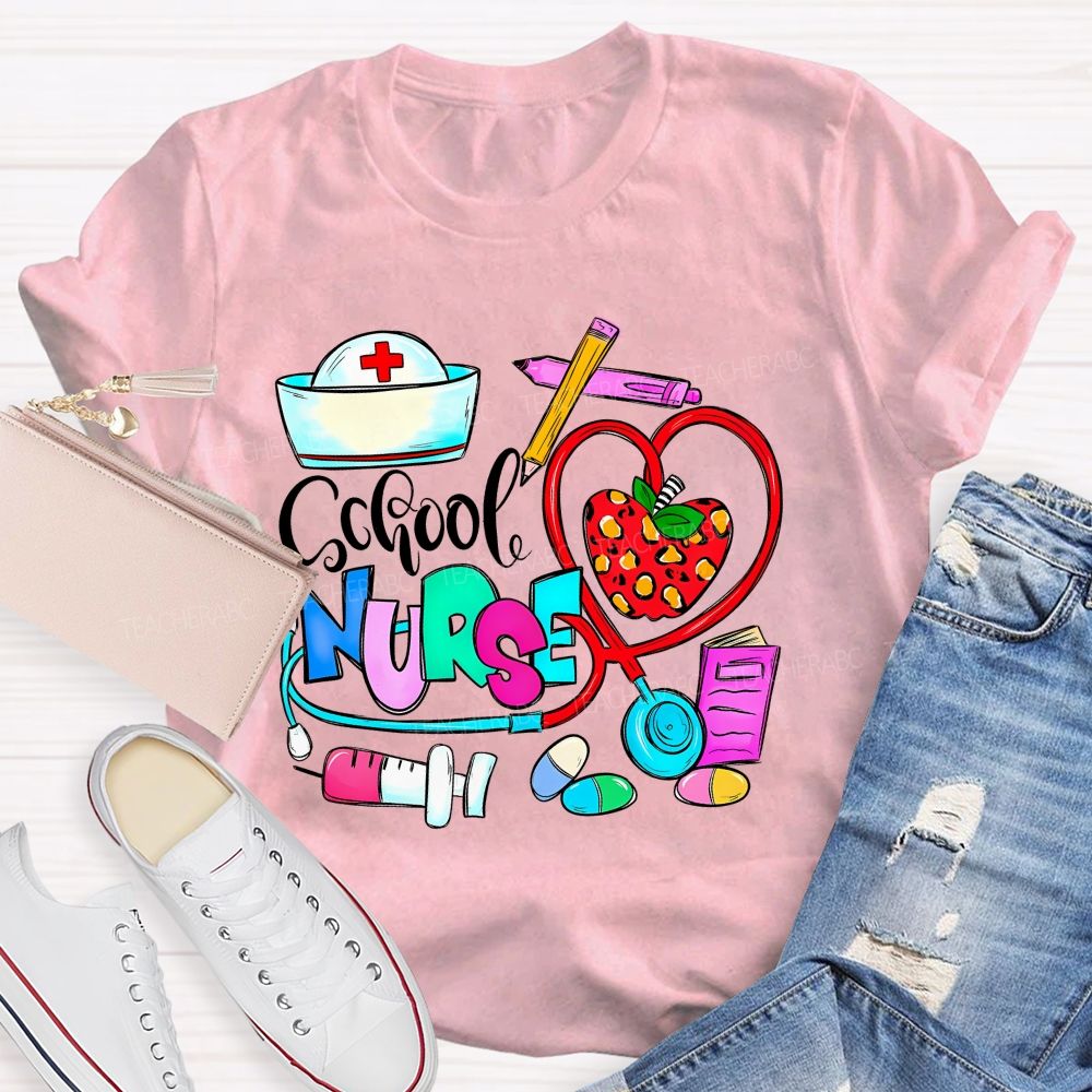 School Nurse Apple Graphics  Teacher T-shirt