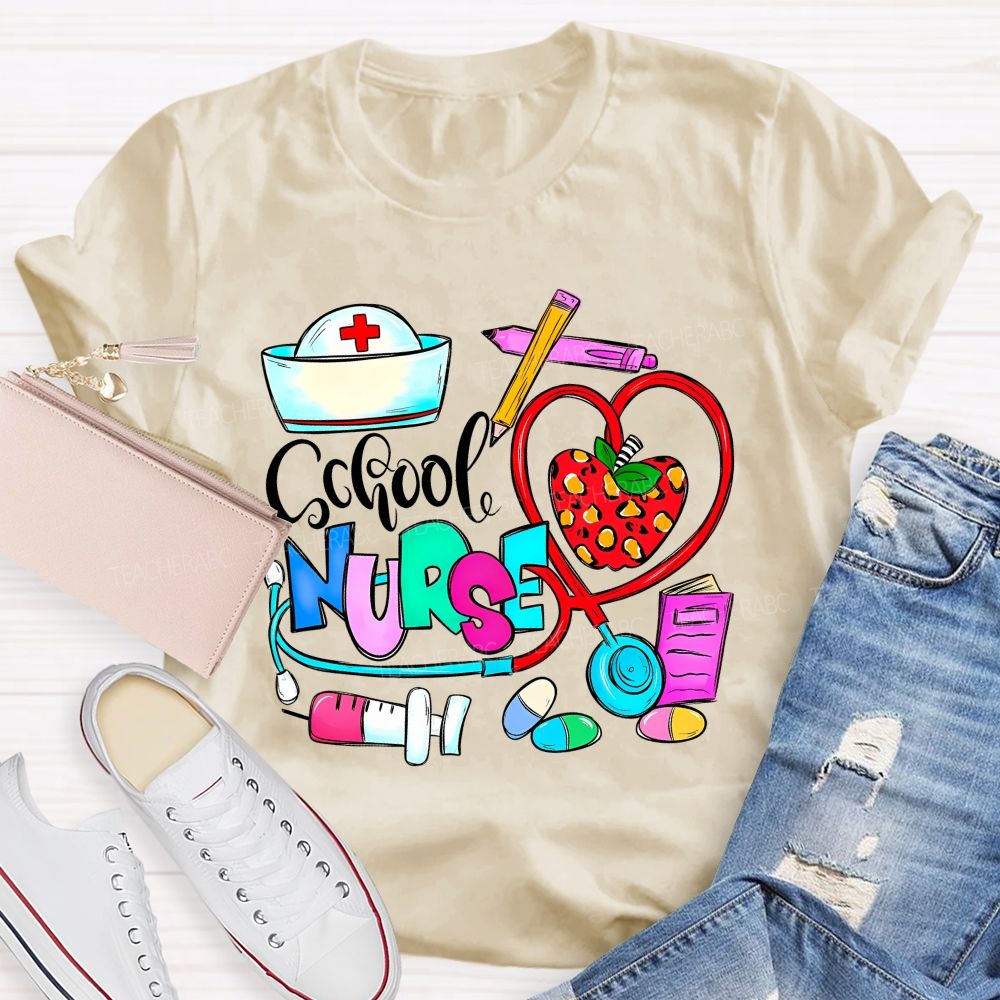 School Nurse Apple Graphics  Teacher T-shirt