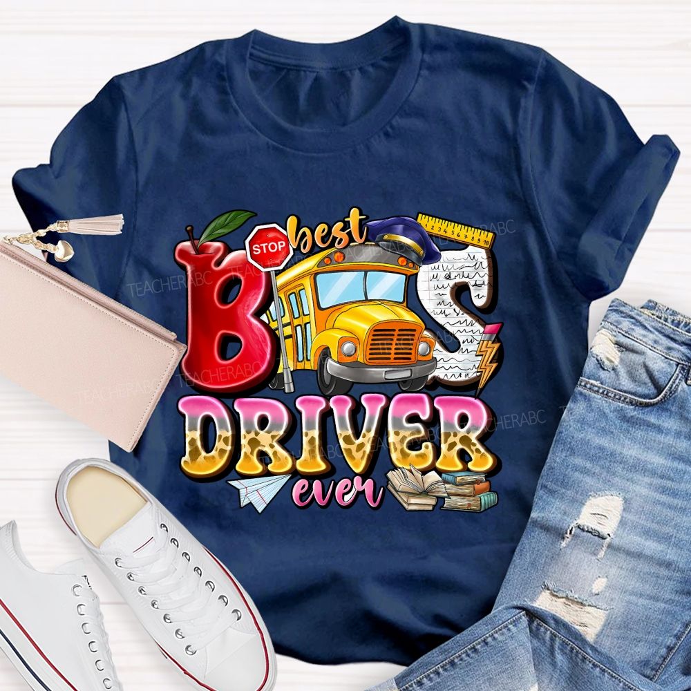 Best Bus Driver Ever Leopard Print Gradient Font Teacher T-shirt