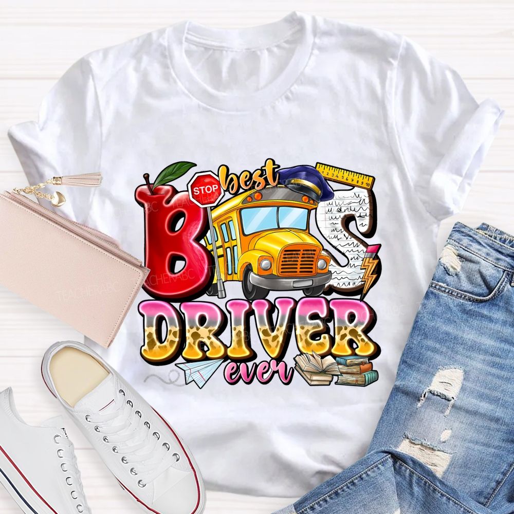 Best Bus Driver Ever Leopard Print Gradient Font Teacher T-shirt