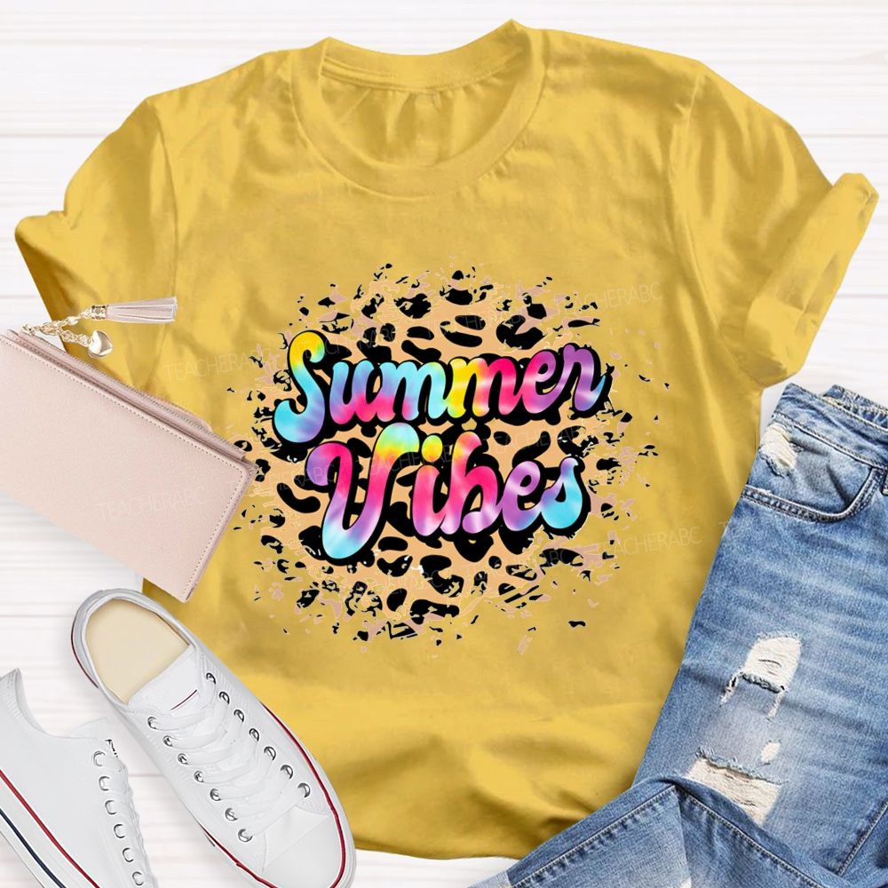Summer Vibes Tie-Dye Gradient Font Teacher T-shirt