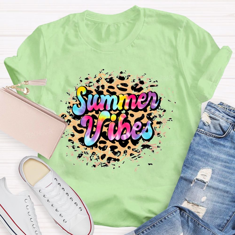 Summer Vibes Tie-Dye Gradient Font Teacher T-shirt
