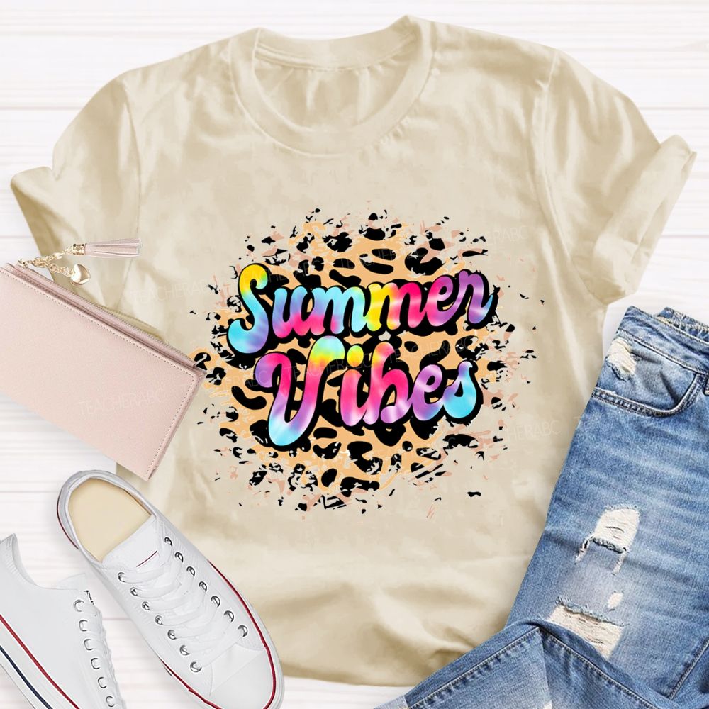 Summer Vibes Tie-Dye Gradient Font Teacher T-shirt