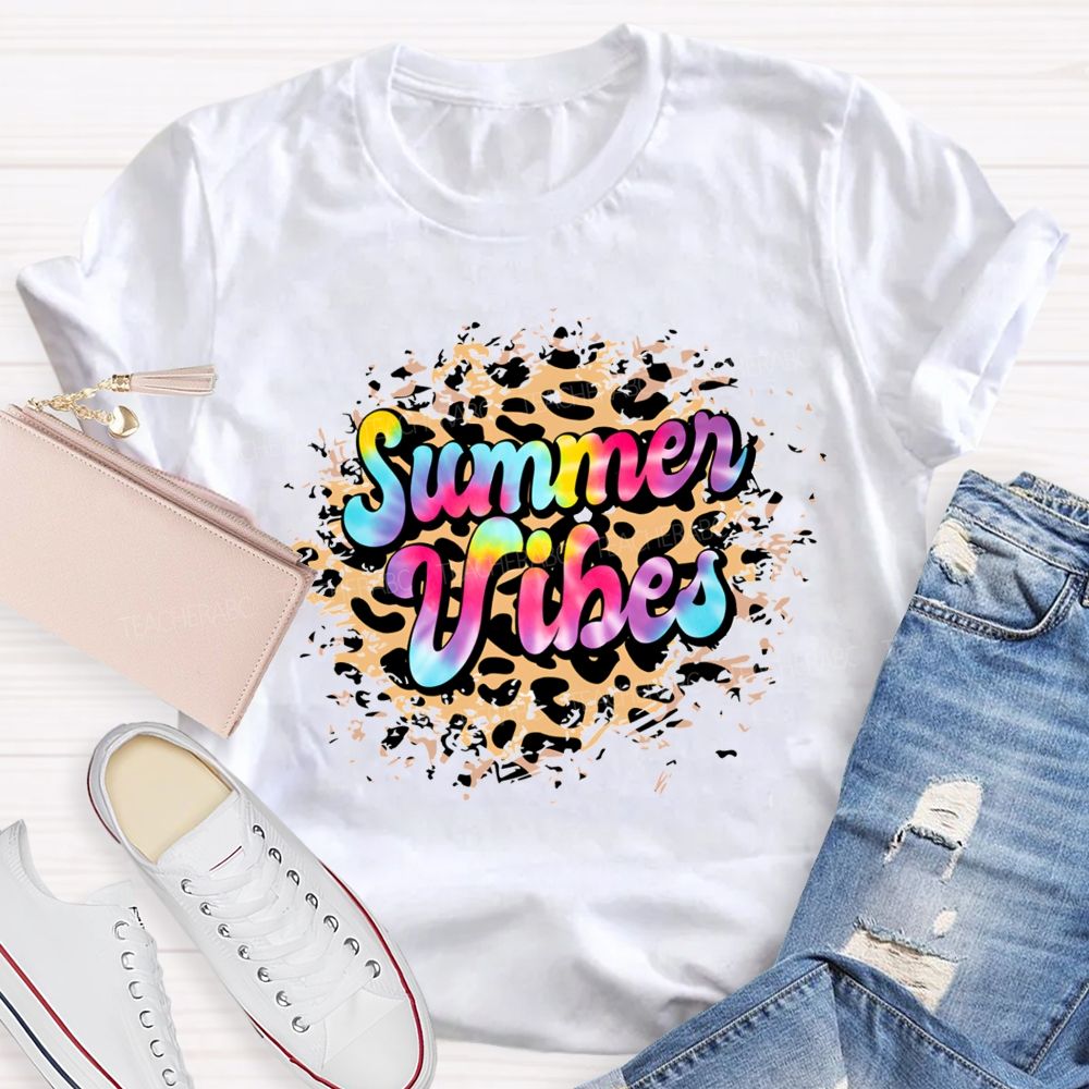 Summer Vibes Tie-Dye Gradient Font Teacher T-shirt