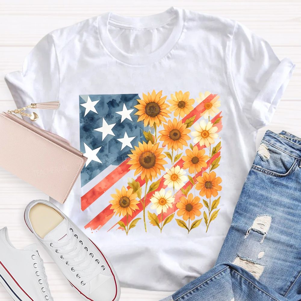 Independence Day Flag Flowers  Teacher T-shirt