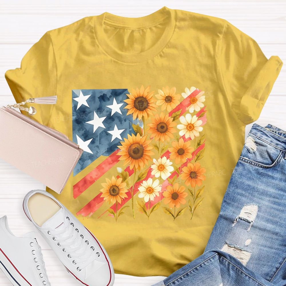 Independence Day Flag Flowers  Teacher T-shirt