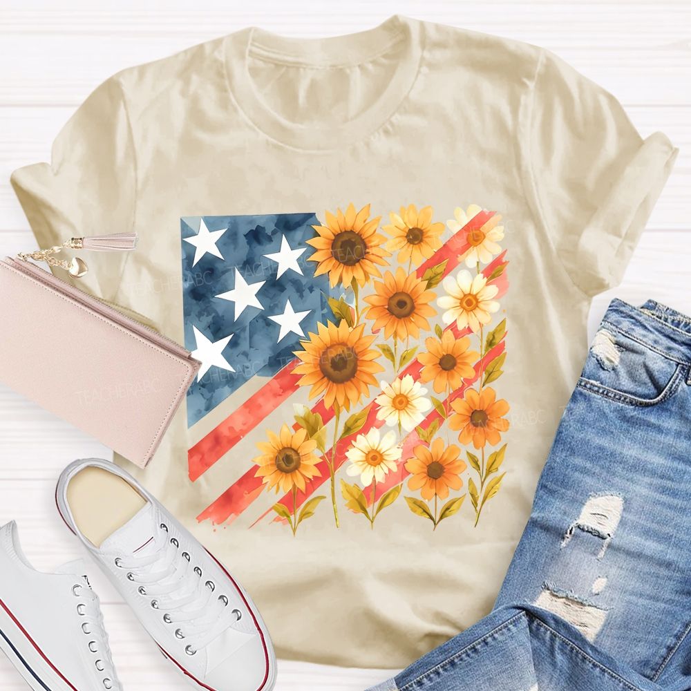 Independence Day Flag Flowers  Teacher T-shirt