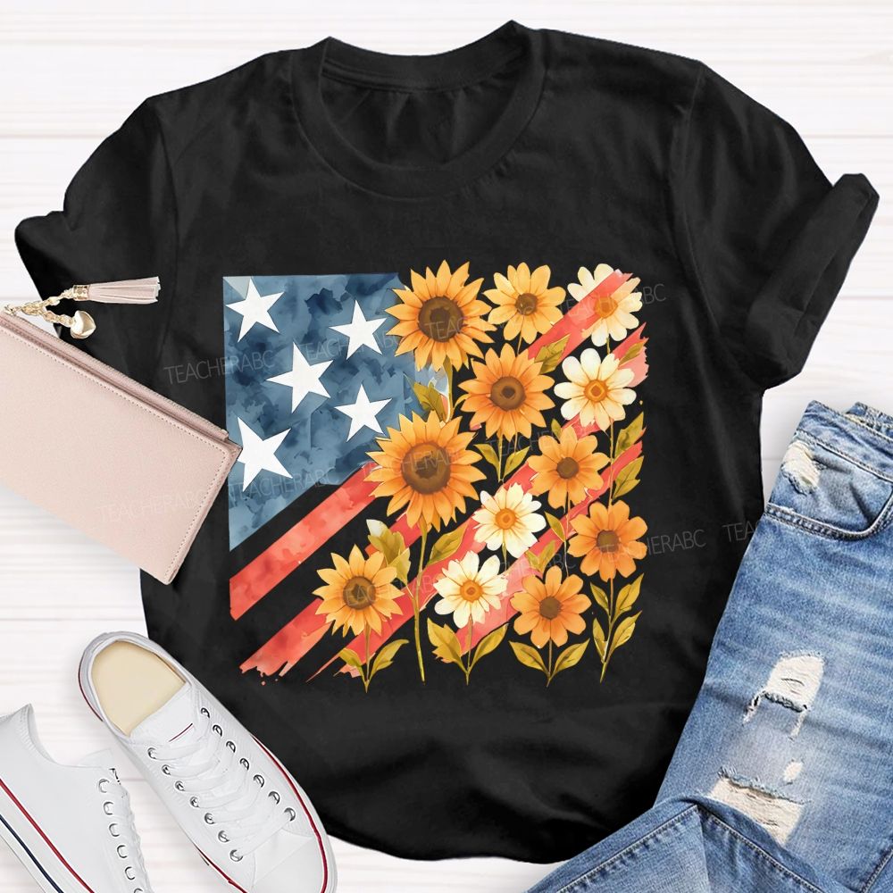 Independence Day Flag Flowers  Teacher T-shirt
