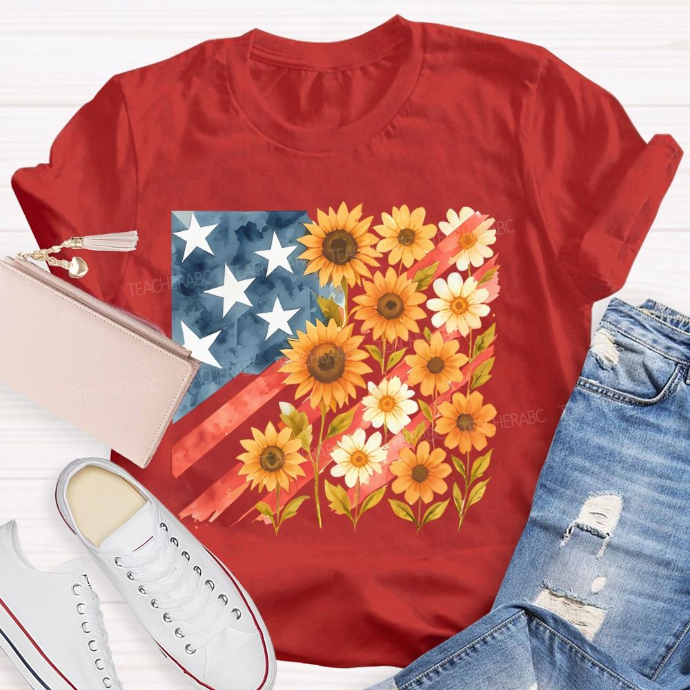 Independence Day Flag Flowers  Teacher T-shirt
