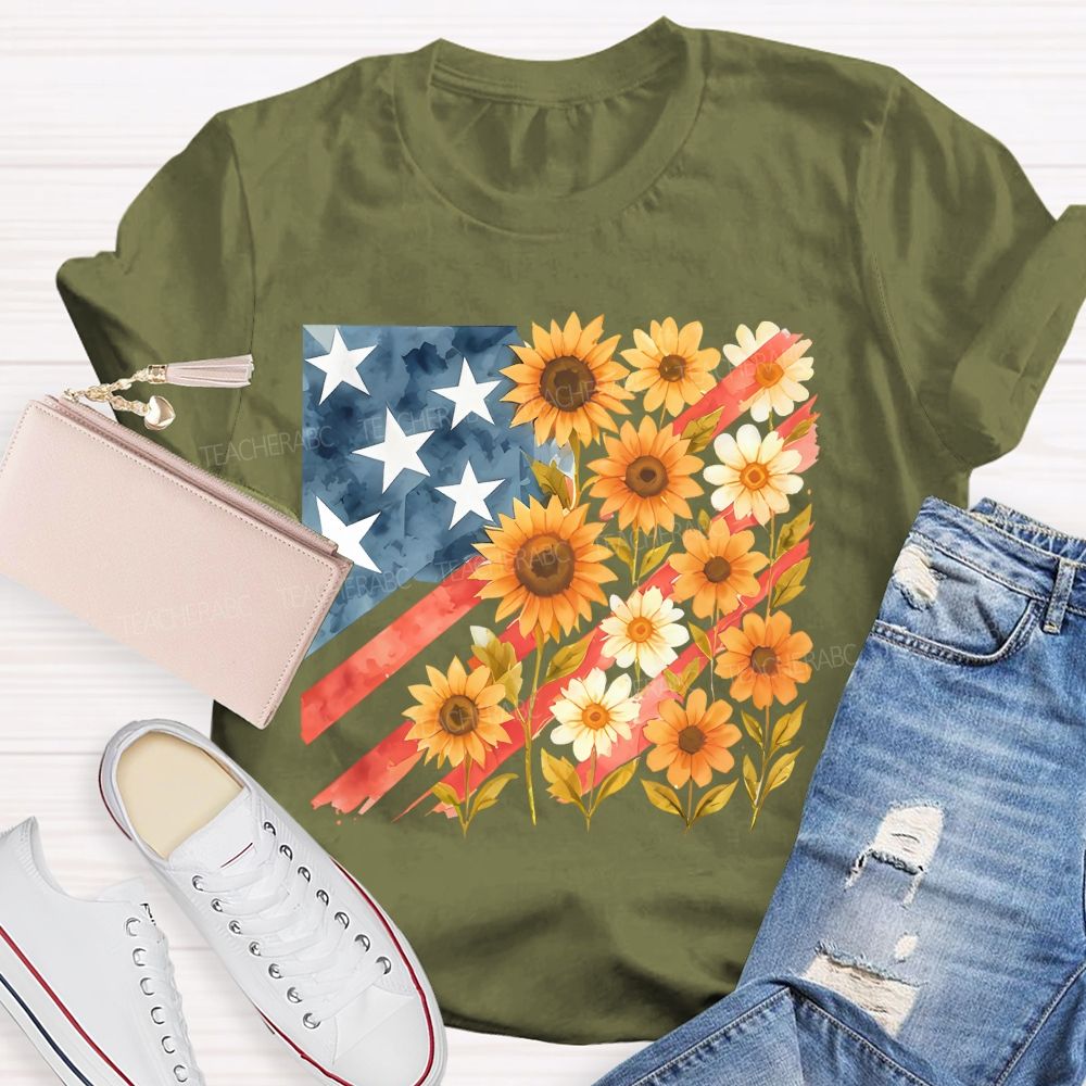 Independence Day Flag Flowers  Teacher T-shirt