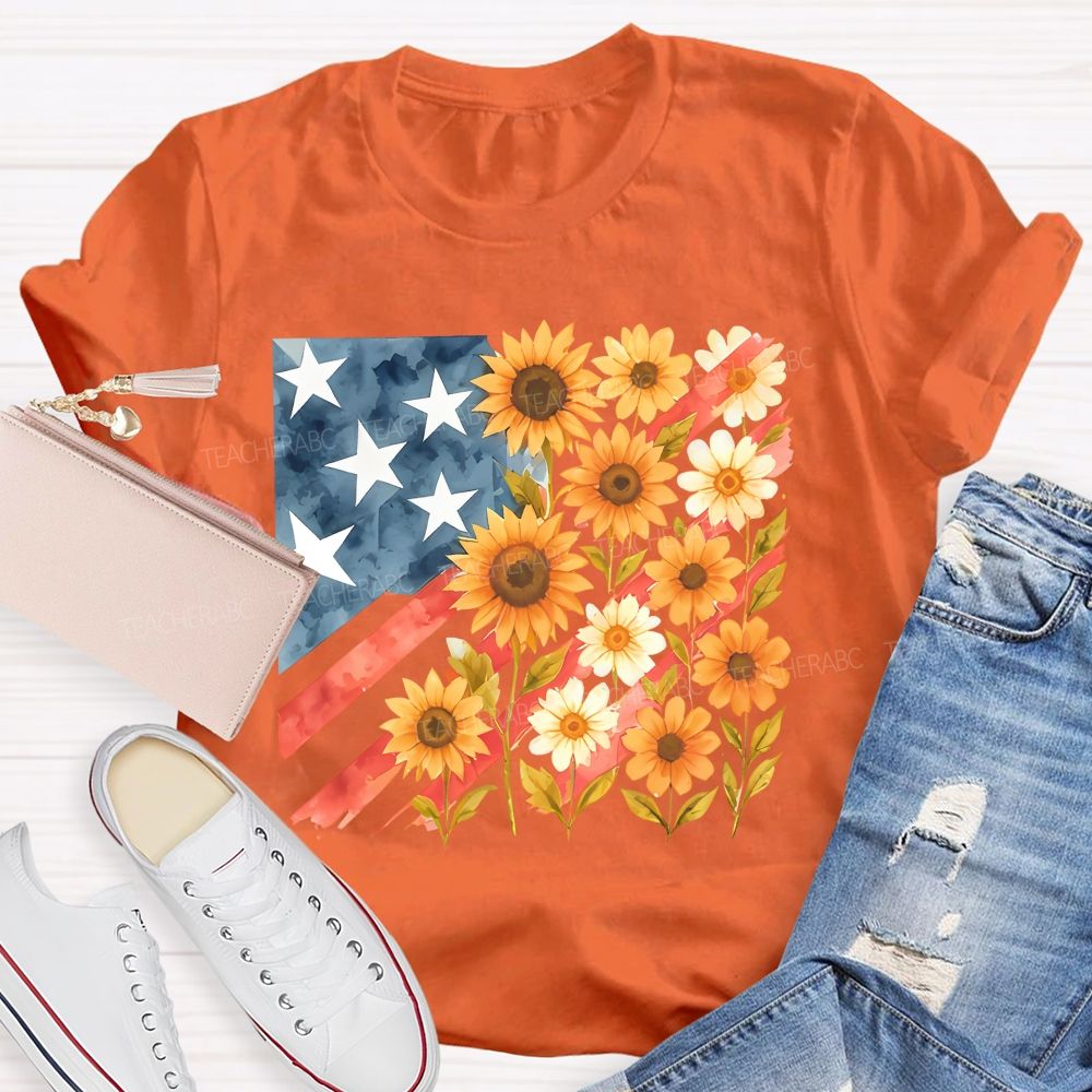 Independence Day Flag Flowers  Teacher T-shirt