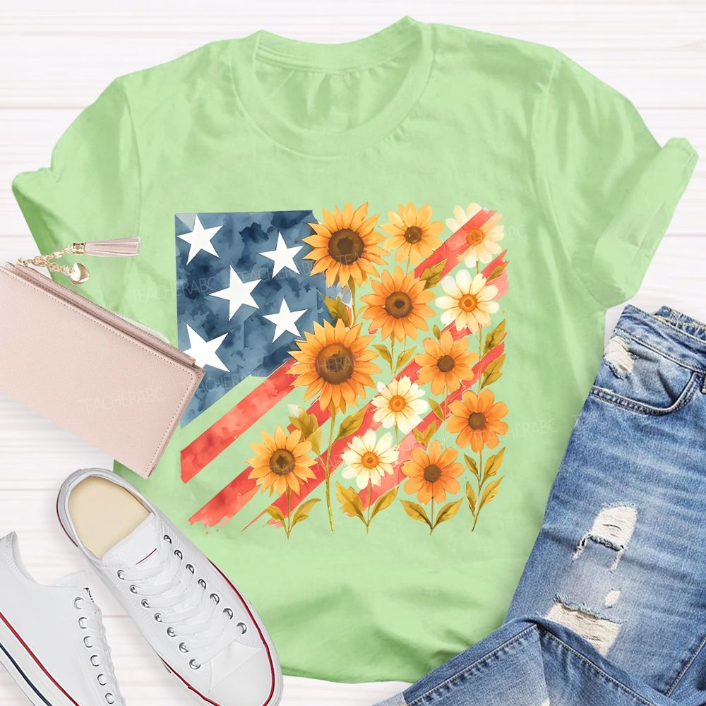Independence Day Flag Flowers  Teacher T-shirt