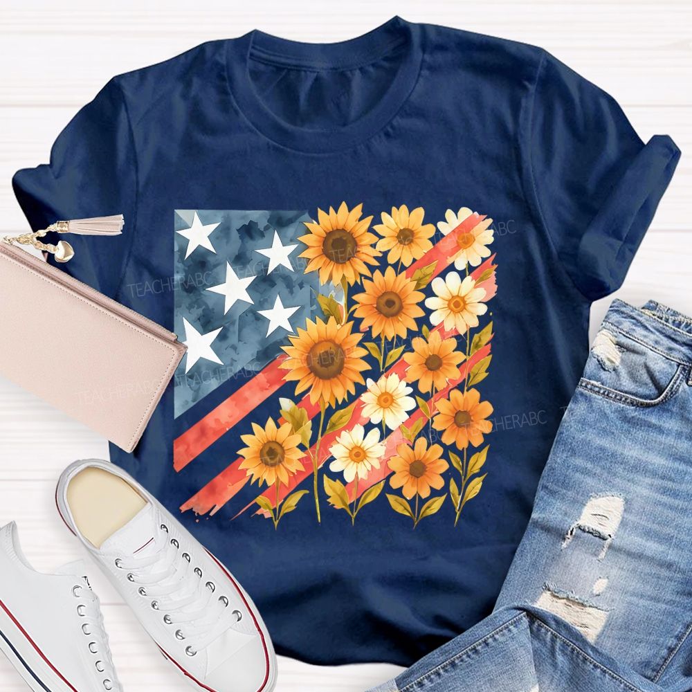 Independence Day Flag Flowers  Teacher T-shirt