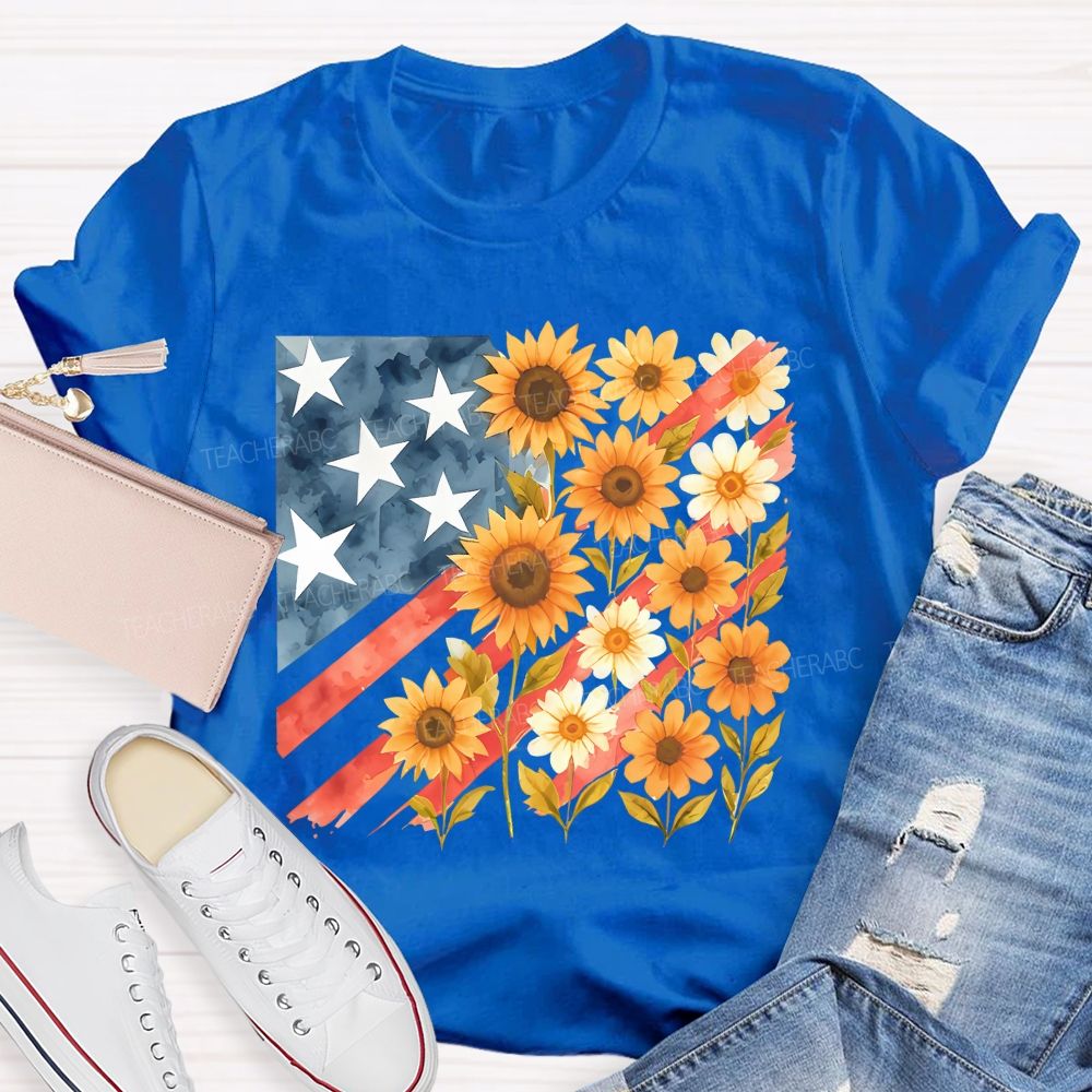 Independence Day Flag Flowers  Teacher T-shirt
