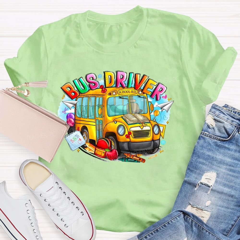 School Bus Driver Colorful  Graphics  Teacher T-shirt