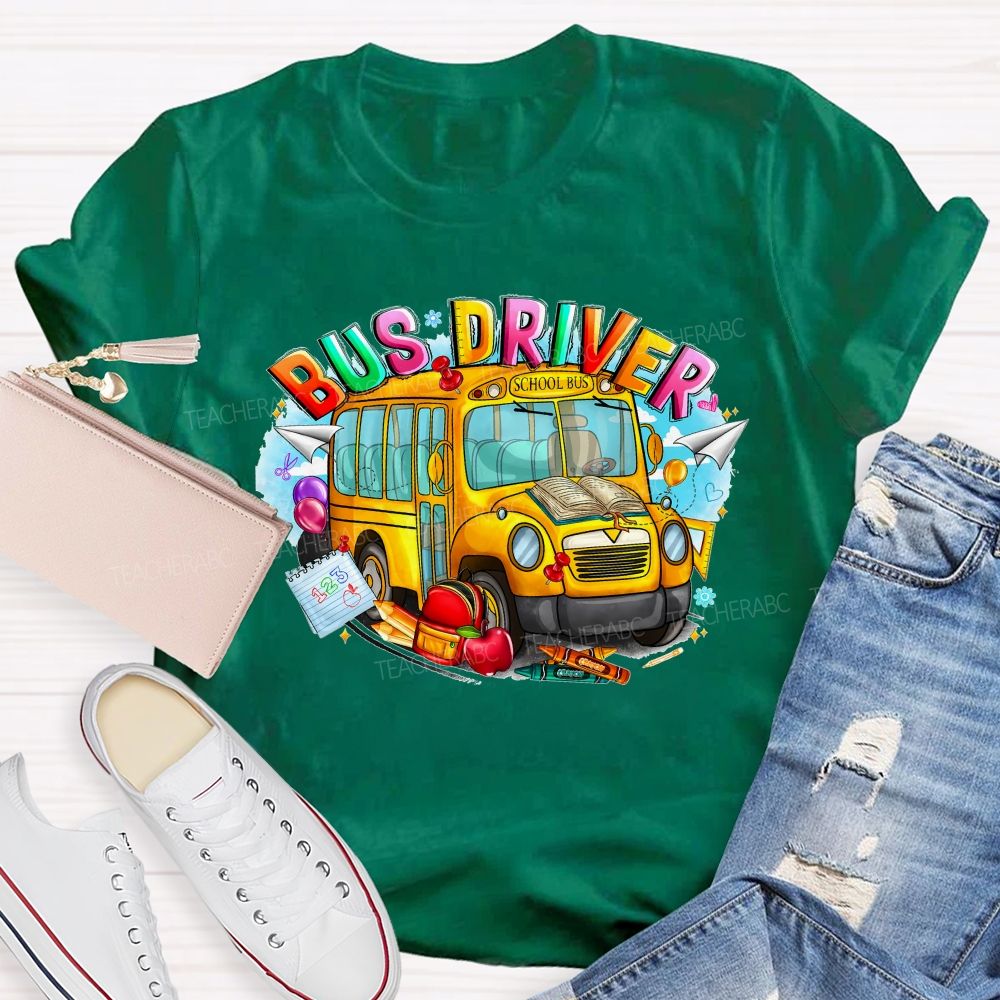 School Bus Driver Colorful  Graphics  Teacher T-shirt